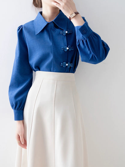 Shirts for women 2024 early spring new style French shirts new Chinese button design autumn and winter thickened long-sleeved tops