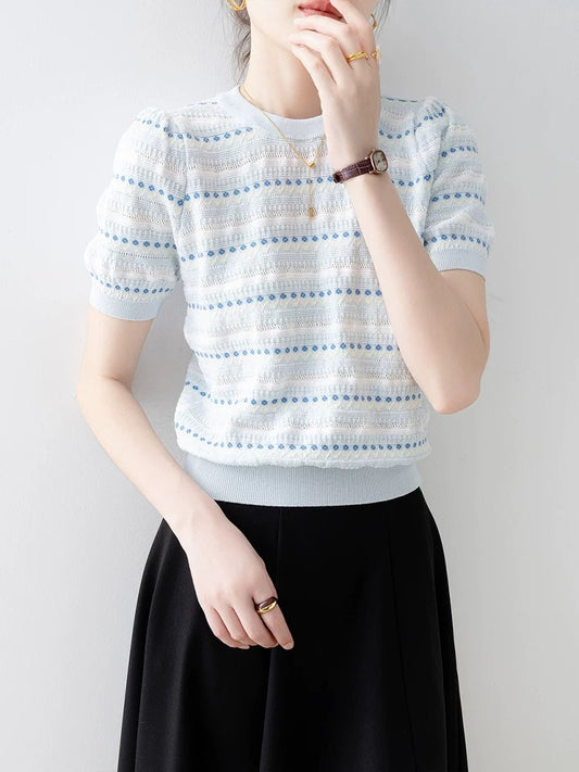 Blue loose round neck short-sleeved sweater for women 2025 summer new gentle lazy style shoulder chic top