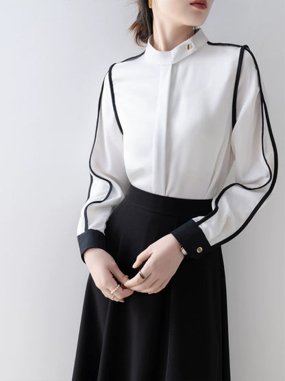 White design shirt 2023 autumn new style contrasting French niche long-sleeved tops workplace light and mature style women's clothing