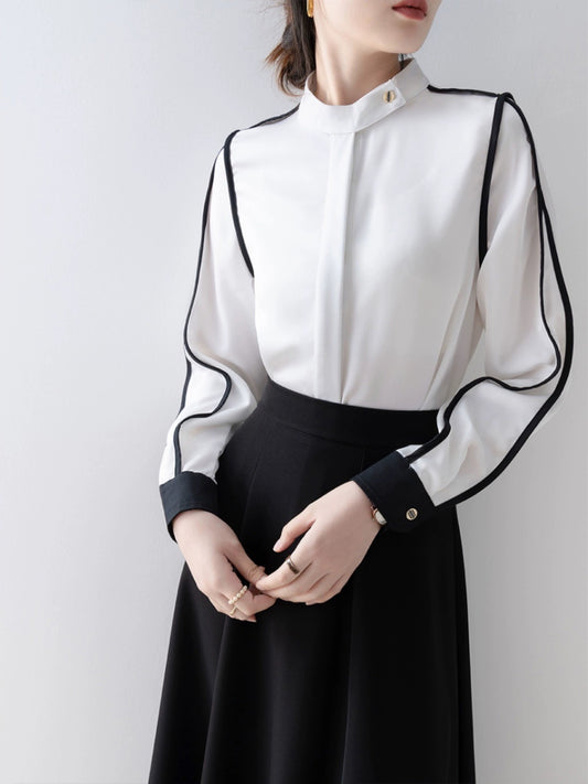 White design shirt 2023 autumn new style contrasting French niche long-sleeved tops workplace light and mature style women's clothing