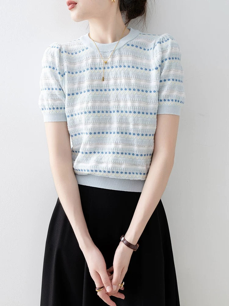 Blue loose round neck short-sleeved sweater for women 2025 summer new gentle lazy style shoulder chic top