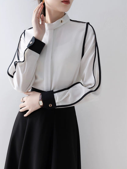White design shirt 2023 autumn new style contrasting French niche long-sleeved tops workplace light and mature style women's clothing