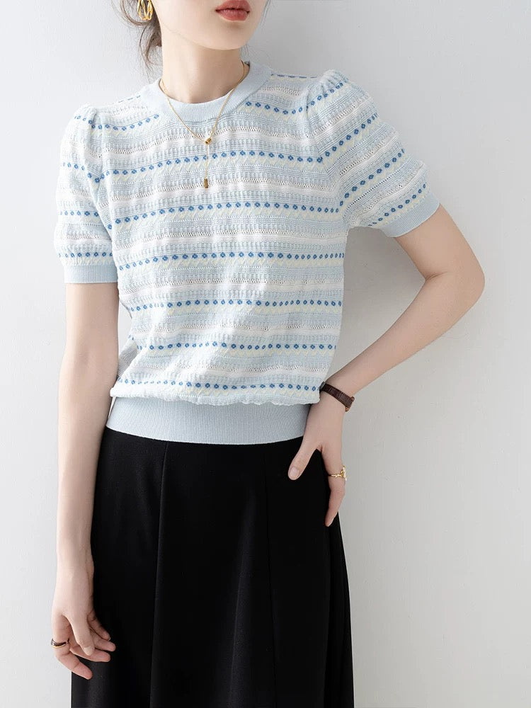 Blue loose round neck short-sleeved sweater for women 2025 summer new gentle lazy style shoulder chic top