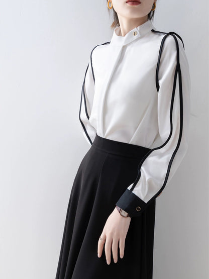 White design shirt 2023 autumn new style contrasting French niche long-sleeved tops workplace light and mature style women's clothing