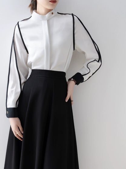 White design shirt 2023 autumn new style contrasting French niche long-sleeved tops workplace light and mature style women's clothing