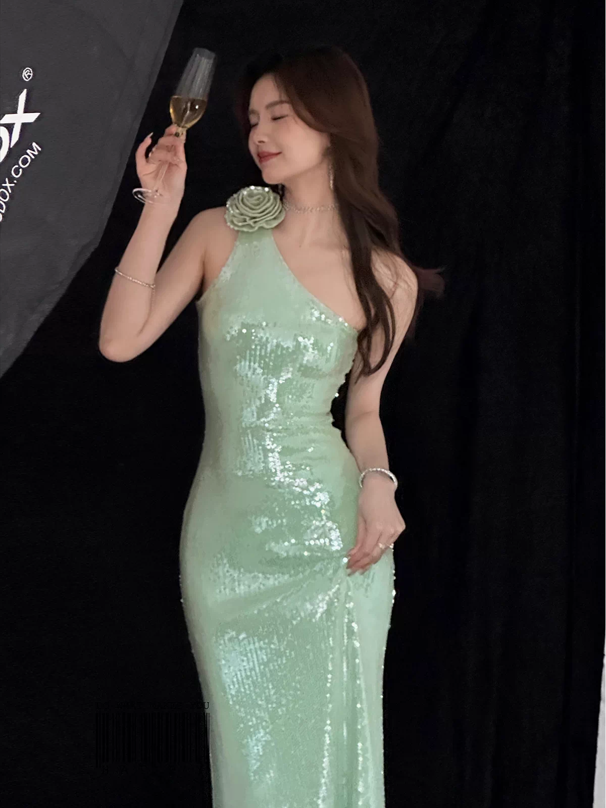 journeyj original design green sequined floral dress, elegant halter maxi dress for year-end parties