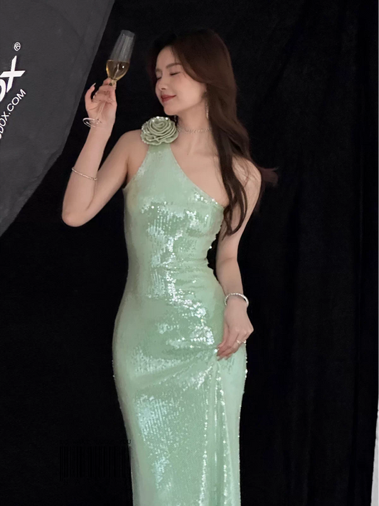 journeyj original design green sequined floral dress, elegant halter maxi dress for year-end parties