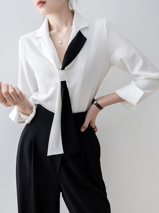 Spring women's 2024 new suit collar white shirt French tie design shirt early spring new top