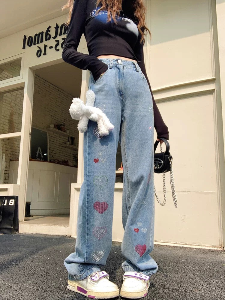 Earth Store Light Blue Heavy Industry Hot Diamond All-Match Jeans Women's Autumn and Winter High Waist Slim Narrow Straight Leg Wide Leg Pants