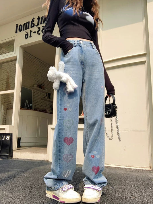 Earth Store Light Blue Heavy Industry Hot Diamond All-Match Jeans Women's Autumn and Winter High Waist Slim Narrow Straight Leg Wide Leg Pants