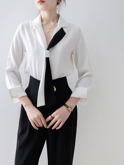 Spring women's 2024 new suit collar white shirt French tie design shirt early spring new top