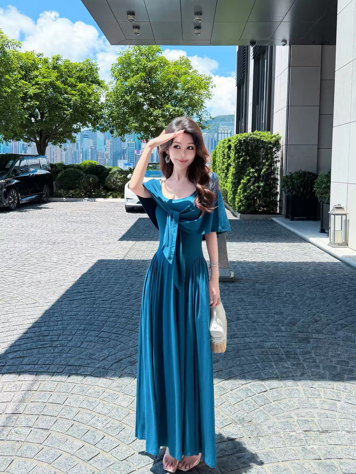 Yu Xiaoxiao [Serene Sapphire] 2-Piece Set: Soft, High-Stretch, Slim-Fit Camisole Dress with Oversized A-Line Hem & Matching Shawl