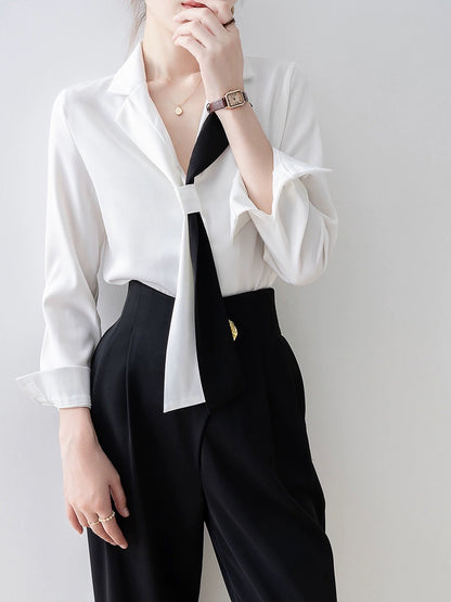 Spring women's 2024 new suit collar white shirt French tie design shirt early spring new top