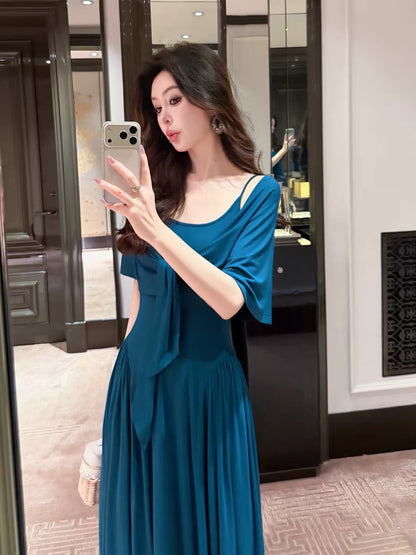 Yu Xiaoxiao [Serene Sapphire] 2-Piece Set: Soft, High-Stretch, Slim-Fit Camisole Dress with Oversized A-Line Hem & Matching Shawl