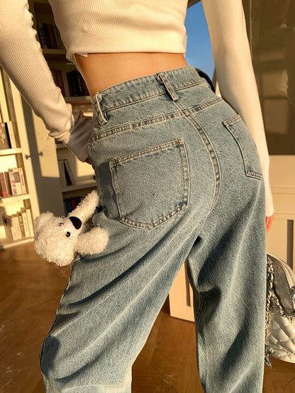 Earth Store Light Blue Heavy Industry Hot Diamond All-Match Jeans Women's Autumn and Winter High Waist Slim Narrow Straight Leg Wide Leg Pants