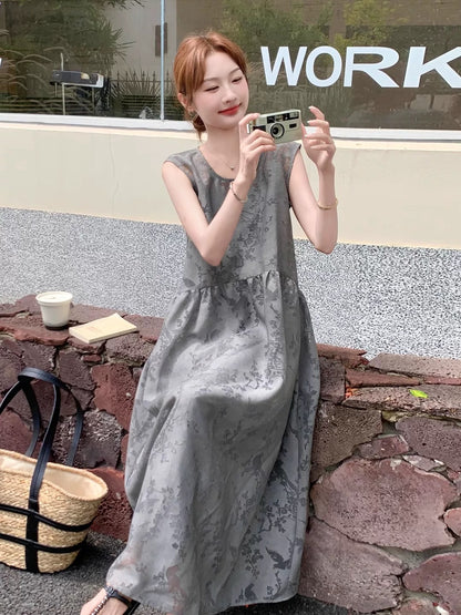 High-grade gray exquisite jacquard vest skirt suit for women 2025 summer lazy style sling inner wear two-piece dress