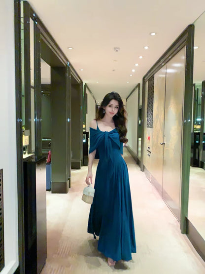 Yu Xiaoxiao [Serene Sapphire] 2-Piece Set: Soft, High-Stretch, Slim-Fit Camisole Dress with Oversized A-Line Hem & Matching Shawl