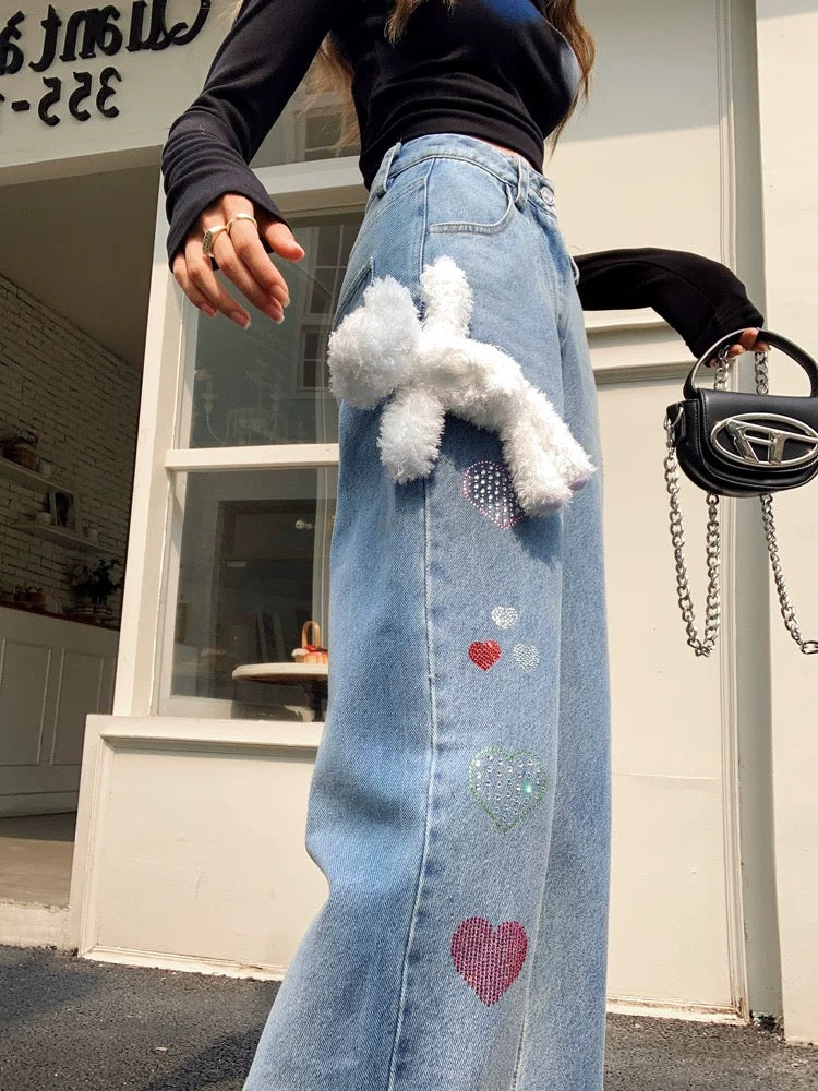 Earth Store Light Blue Heavy Industry Hot Diamond All-Match Jeans Women's Autumn and Winter High Waist Slim Narrow Straight Leg Wide Leg Pants