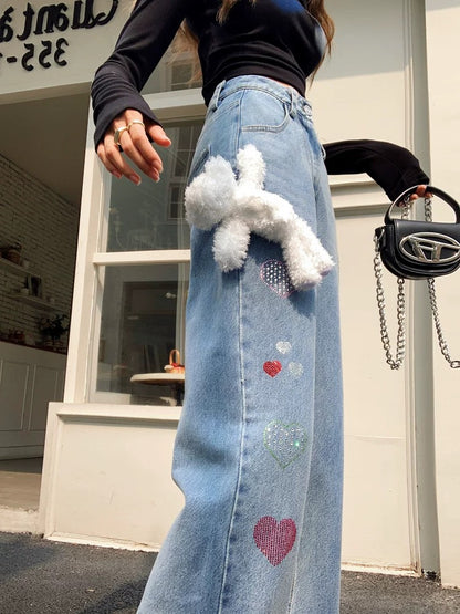 Earth Store Light Blue Heavy Industry Hot Diamond All-Match Jeans Women's Autumn and Winter High Waist Slim Narrow Straight Leg Wide Leg Pants