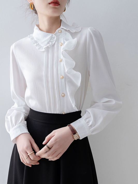 2024 spring women's slant collar ruffled lace white shirt French high-end shirt early spring new long-sleeved top