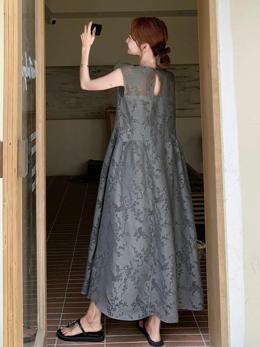 High-grade gray exquisite jacquard vest skirt suit for women 2025 summer lazy style sling inner wear two-piece dress