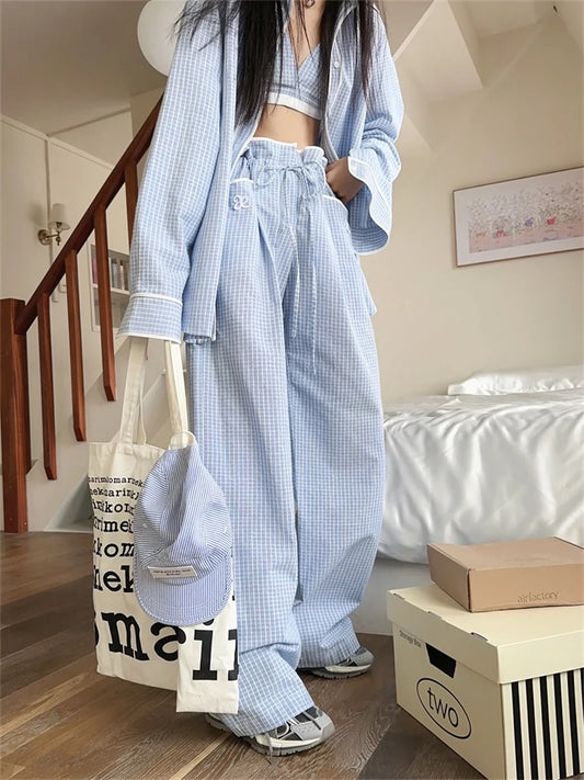 Earth Store niche non-contrasting blue checkered color texture suit women's long-sleeved shirt bra casual pants three-piece set