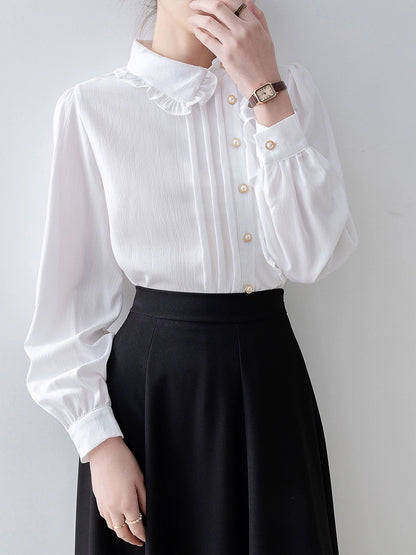 2024 spring women's slant collar ruffled lace white shirt French high-end shirt early spring new long-sleeved top