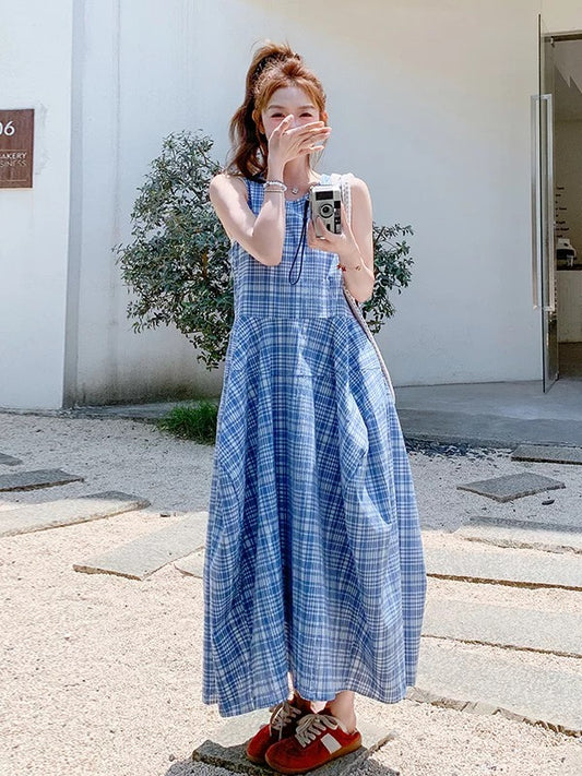 Blue retro plaid sleeveless vest dress for women 2025 summer French design waist slimming A-line skirt