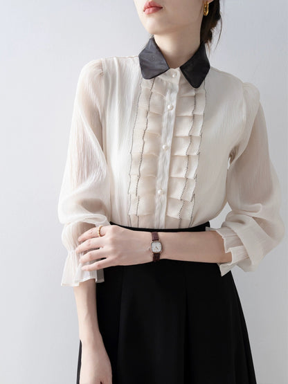 French retro ruffled embroidered pleated apricot shirt early autumn new 2023 workplace light and mature style women's top