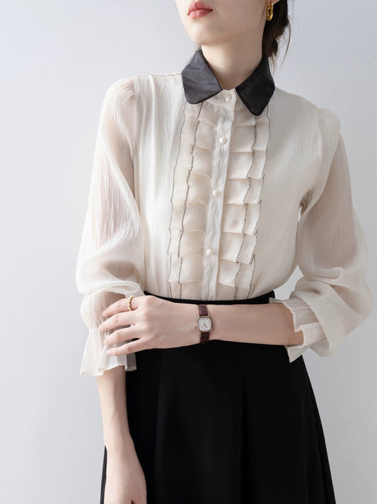 French retro ruffled embroidered pleated apricot shirt early autumn new 2023 workplace light and mature style women's top