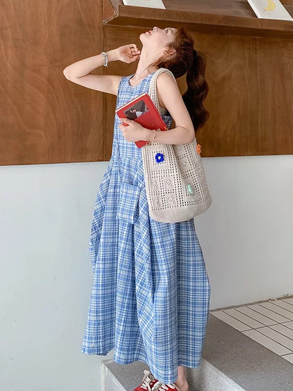 Blue retro plaid sleeveless vest dress for women 2025 summer French design waist slimming A-line skirt