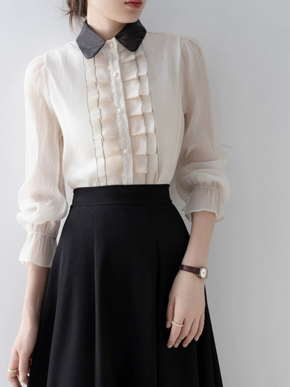 French retro ruffled embroidered pleated apricot shirt early autumn new 2023 workplace light and mature style women's top