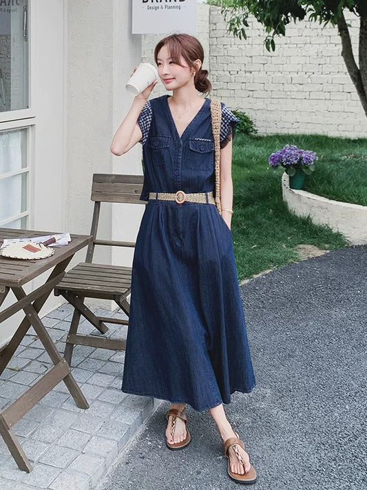 2025 summer new Korean style fashion all-match slim plaid splicing flying sleeve denim dress female long skirt