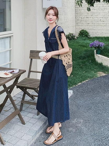 2025 summer new Korean style fashion all-match slim plaid splicing flying sleeve denim dress female long skirt