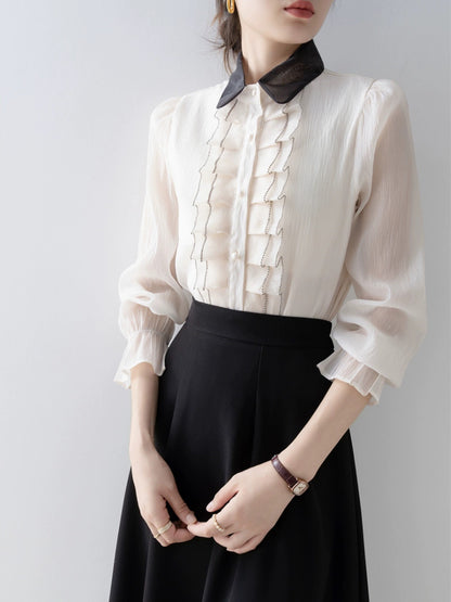 French retro ruffled embroidered pleated apricot shirt early autumn new 2023 workplace light and mature style women's top