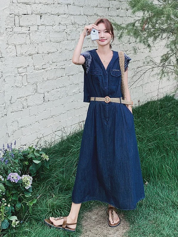 2025 summer new Korean style fashion all-match slim plaid splicing flying sleeve denim dress female long skirt