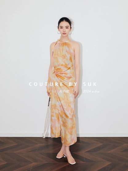 SUK Summer Gift! Irregular waisted sleeveless strappy dress in yellow printed fabric