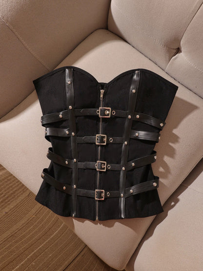 Punk-style black strapless corset top with studs, leather buckle, and lace-up details—a sexy and cool top with a sophisticated, mature vibe.