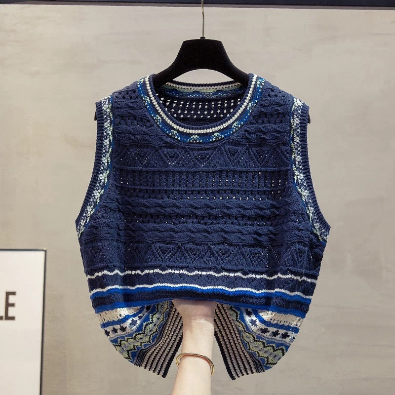 Hollow round neck knitted vest vest women 2025 autumn and winter new loose outer wear vest layered sweater waistcoat trend