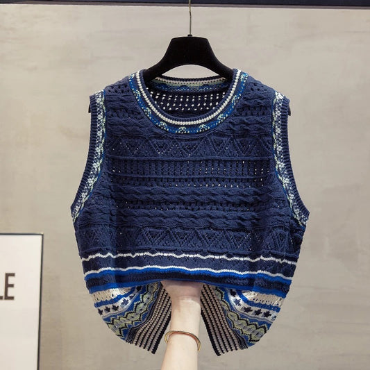 Hollow round neck knitted vest vest women 2025 autumn and winter new loose outer wear vest layered sweater waistcoat trend