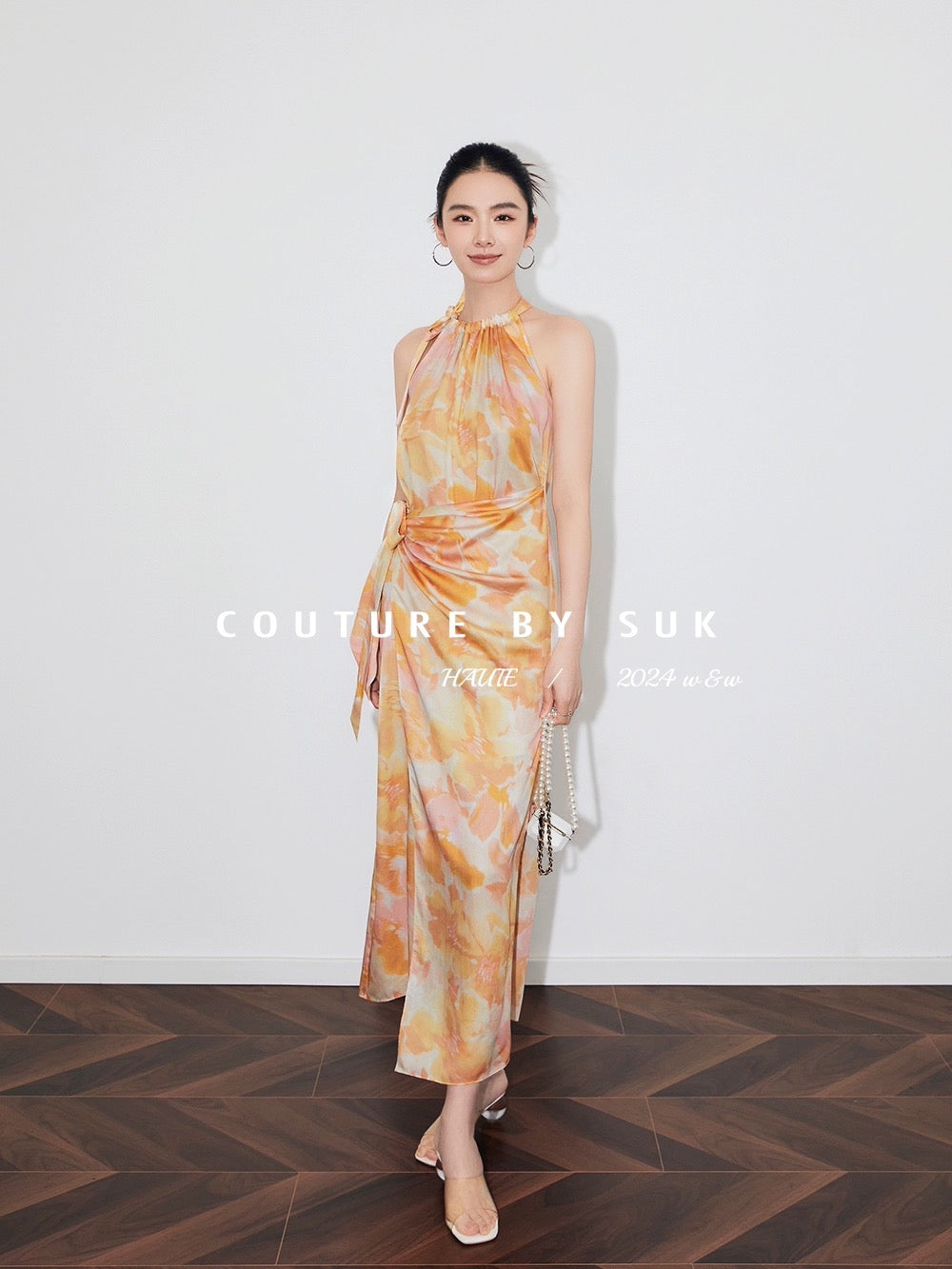 SUK Summer Gift! Irregular waisted sleeveless strappy dress in yellow printed fabric