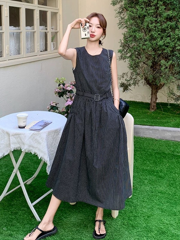 2025 summer new Korean style fashion all-match slim plaid splicing flying sleeve denim dress female long skirt