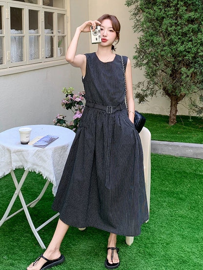 2025 summer new Korean style fashion all-match slim plaid splicing flying sleeve denim dress female long skirt
