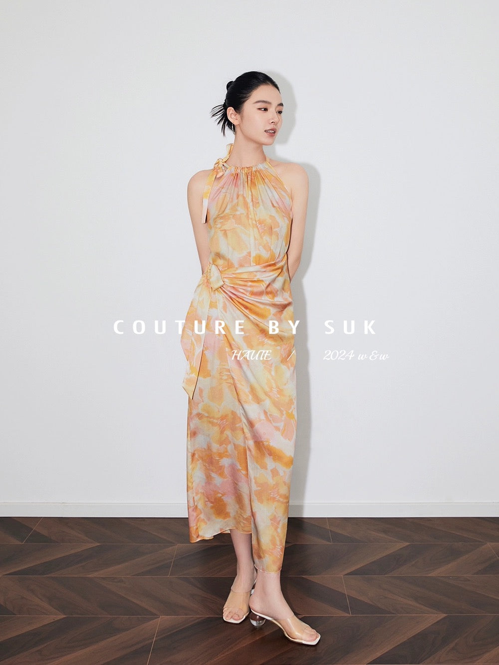 SUK Summer Gift! Irregular waisted sleeveless strappy dress in yellow printed fabric