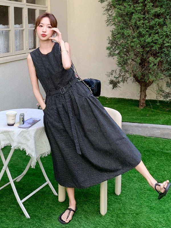 2025 summer new Korean style fashion all-match slim plaid splicing flying sleeve denim dress female long skirt