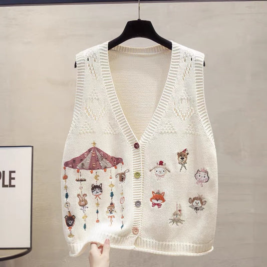 Embroidered cardigan v-neck knitted vest vest women 2025 autumn and winter new loose outer wear vest sweater waistcoat trend