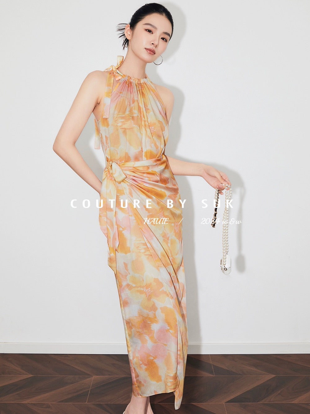 SUK Summer Gift! Irregular waisted sleeveless strappy dress in yellow printed fabric