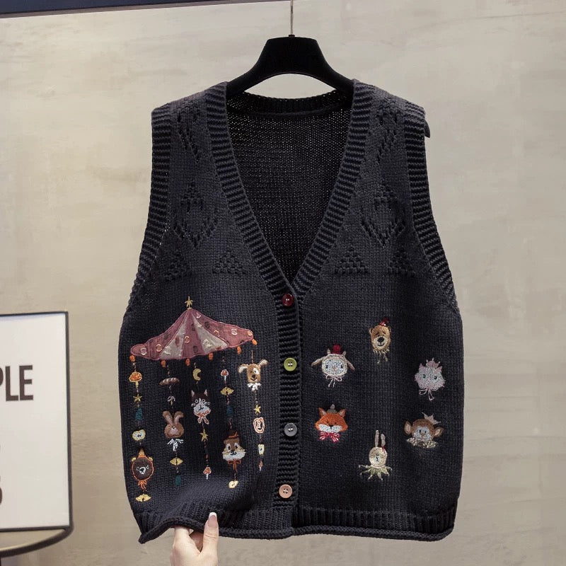 Embroidered cardigan v-neck knitted vest vest women 2025 autumn and winter new loose outer wear vest sweater waistcoat trend