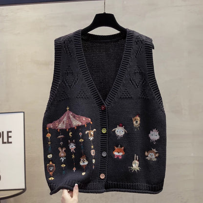 Embroidered cardigan v-neck knitted vest vest women 2025 autumn and winter new loose outer wear vest sweater waistcoat trend