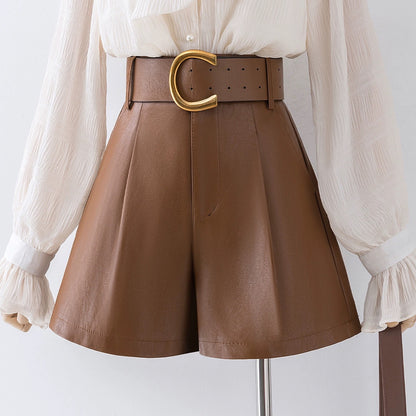 Shorts for women in autumn and winter 2022 new high-waisted PU leather a-line wide-leg casual pants for small people to wear outer boot pants